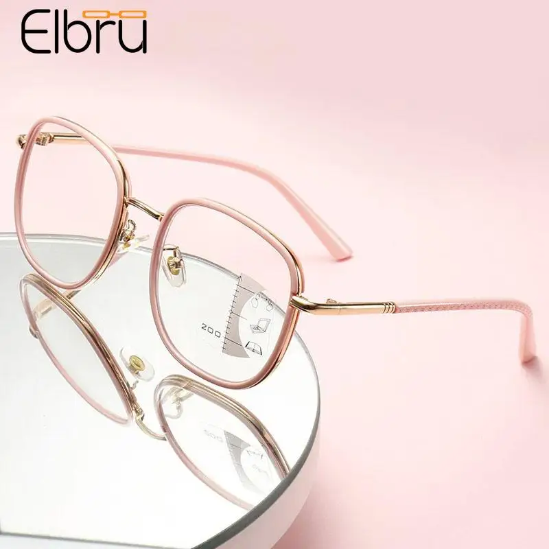 

Elbru Multifocal Anti Blue Light Reading Glasses Fashion Metal Big Frame Presbyopic Eyeglasses Women Men Hyperopia Eyewear +1+4