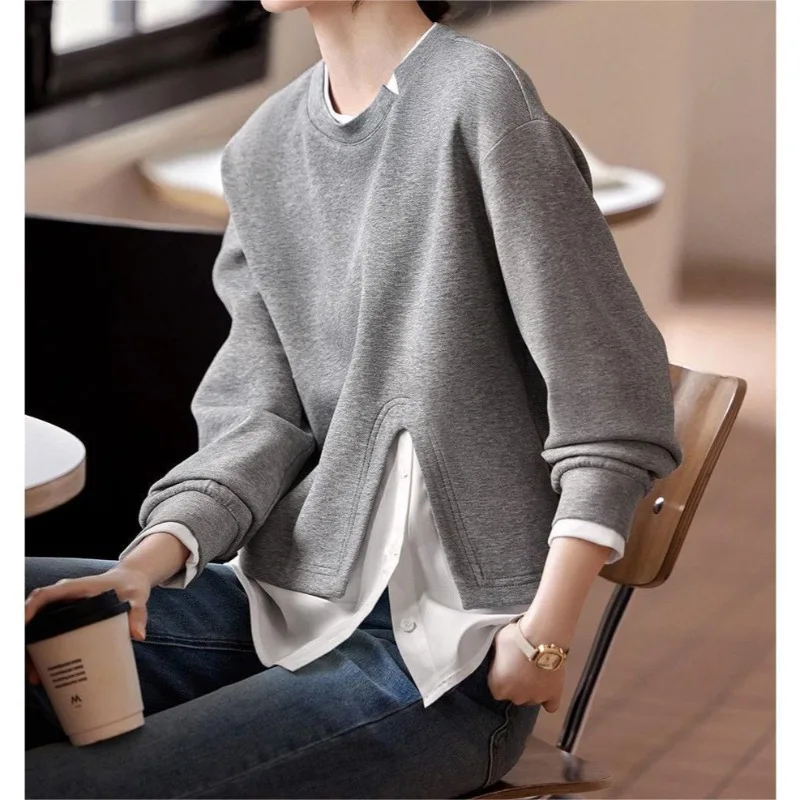 

American Style Casual Sweatshirt Women 2025 Spring Fashion Fake Two Pieces Color Block Loose O-Neck Long Sleeve Pullover Top