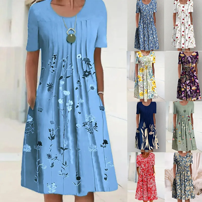 Elegant Floral Print Midi Dress Women's round Neck Pocket Spring Summer Fashion Cross-Border eBay Wish Women's Dress