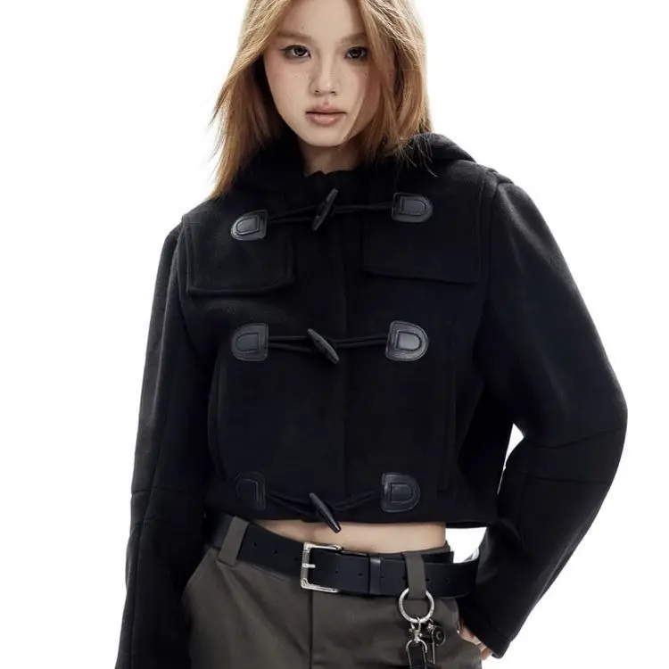 Old Money Wind Short Horn Button Woolen Jacket 2026 Winter American Retro Casual Hooded Jacket Top