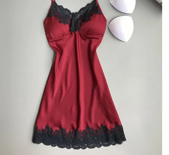 Women's Sexy Lingerie Summer Silk Night Gown Lace Patchwork Mini Night Dress Spaghetti Strap Sleepwear Ladies With Chest Pad