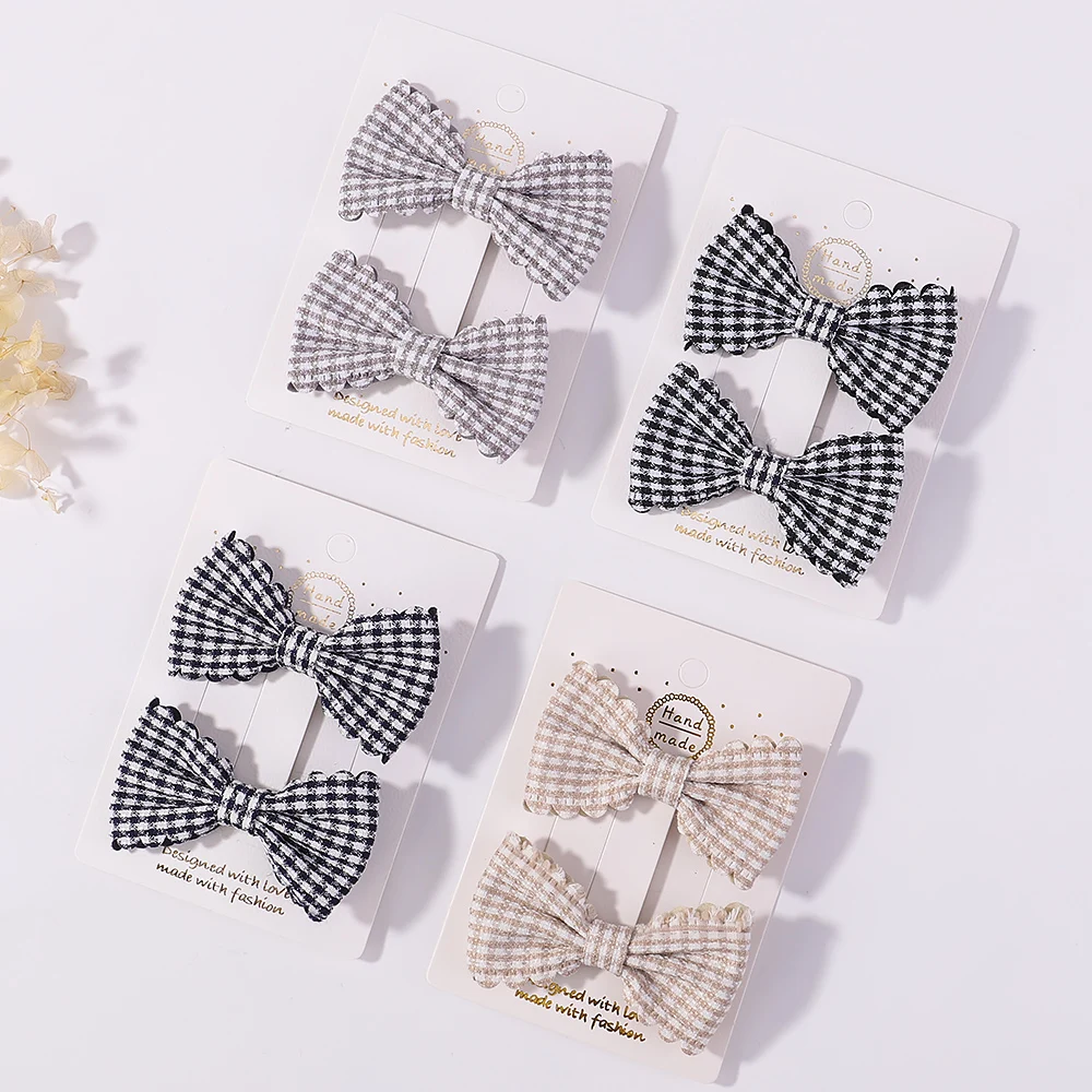 2Pcs Solid Color Embroidered Plaid Bows with Hair Clips Kids Girls Cotton Bow Hairpin Barrettes Baby Headwear Hair Accessories