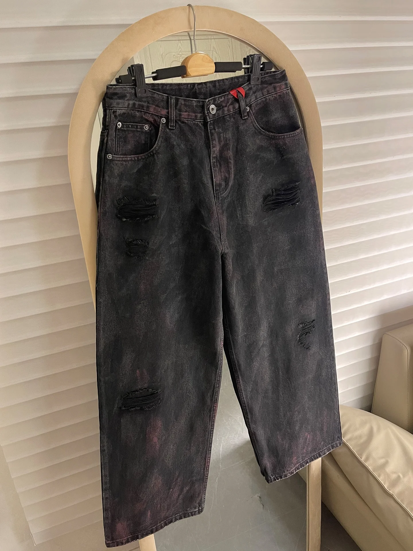 

Parisian Sle American Retro Tie Dye Distred Jeans Loose Straight Leg Wide Leg Pants Men's Faion Casual Cotton Denim