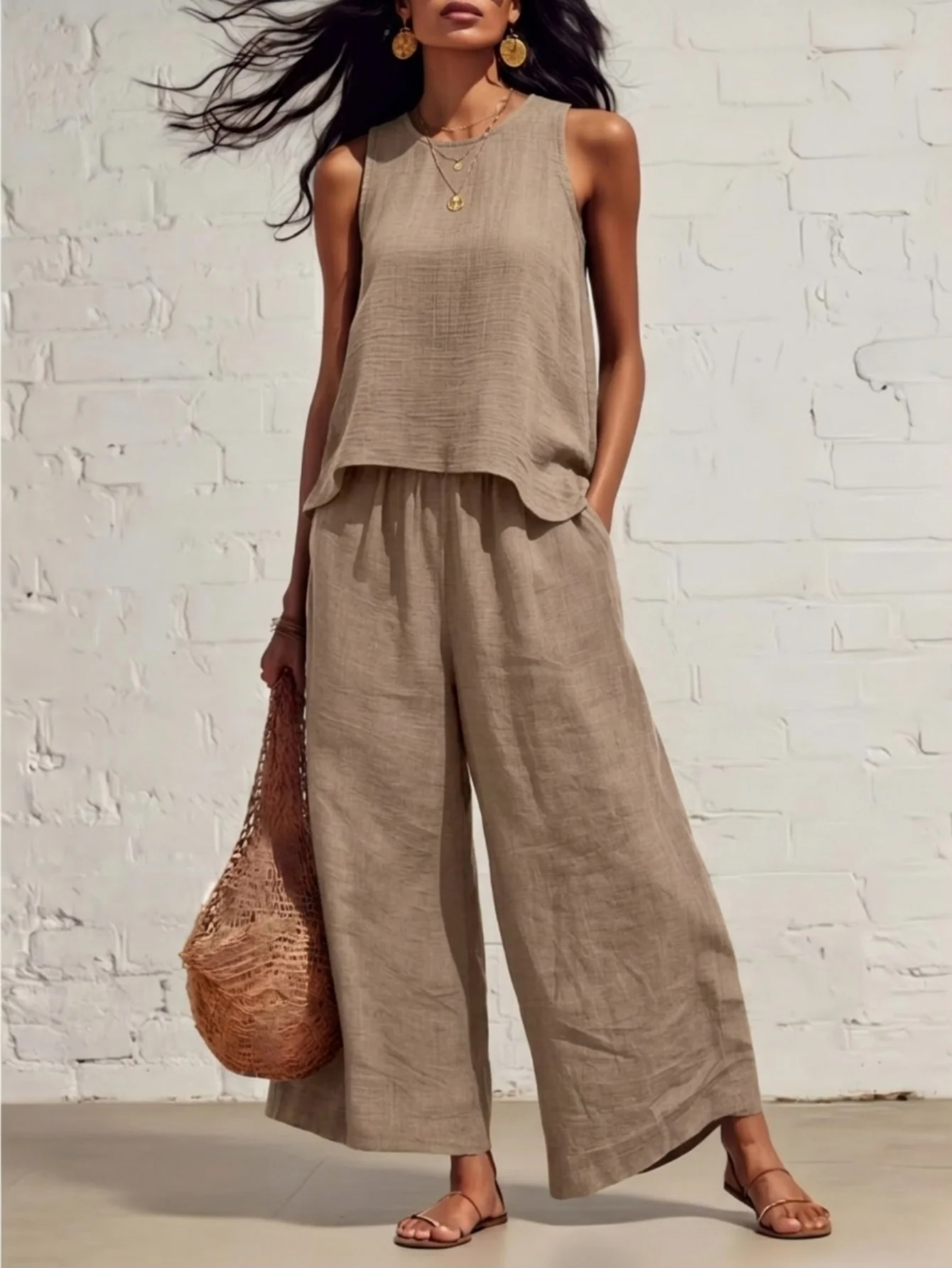 Women's 2 Piece Cutout Back Linen Look Tank Top & Wide Leg Pants Set Fall Fashion 2026
