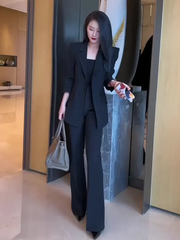 Women\'s Blazer and Pants Two Piece Set Business Suits Formal Black Ladies Trouser Autumn Winter New In Matching Groups Aesthetic