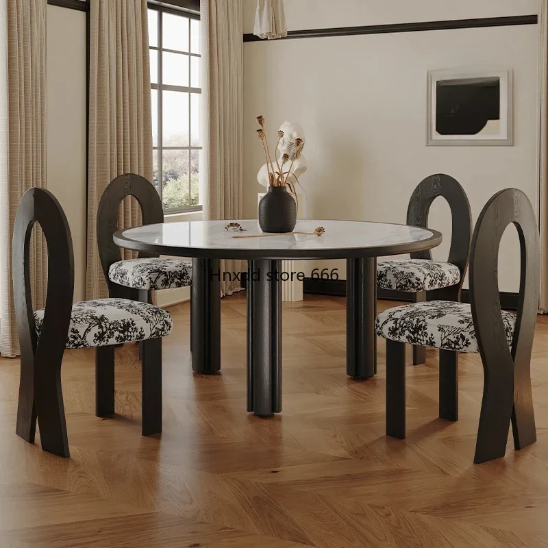 Retro round Dining Tables and Chairs Set Walnut Dining Table Household Light Luxury Stone Plate round Table