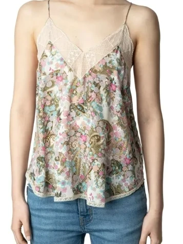 Romantic Velvet Print Patchwork Strap Top Women's Loose Fit Inner Wear Summer Fashion Commute Style Floral Patterned Vest