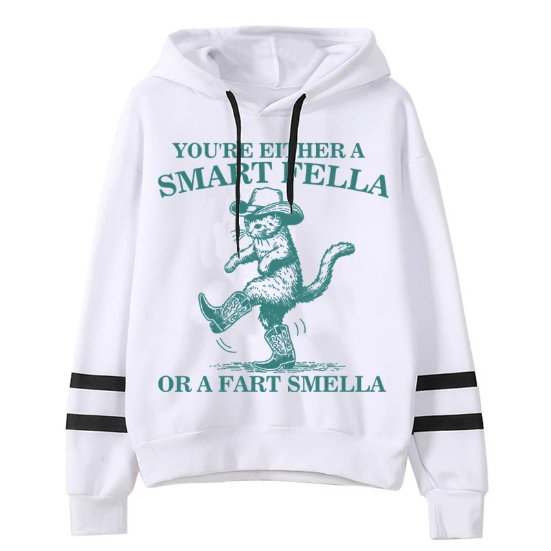 Funny Animal Retro 90s Cowgirl Hoodie Cowboy Cats Smart Fella or Fart Smella Print Men Women Hoodies Cat Lovers Gift Sweatshirt