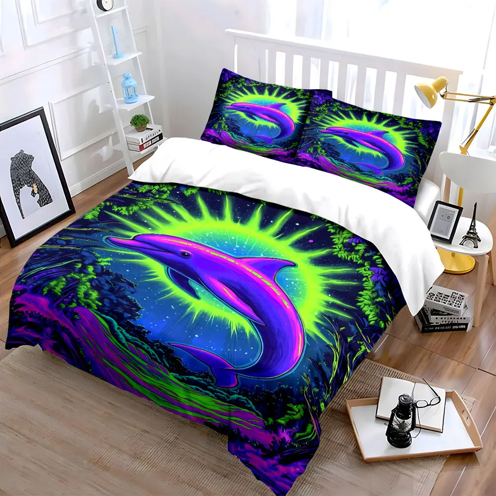 "Colorful Dolphin Nature Decor Set" Soft Skin-Friendly Bedding Set Includes 1 Duvet Cover And 2 Pillowcase, Gift