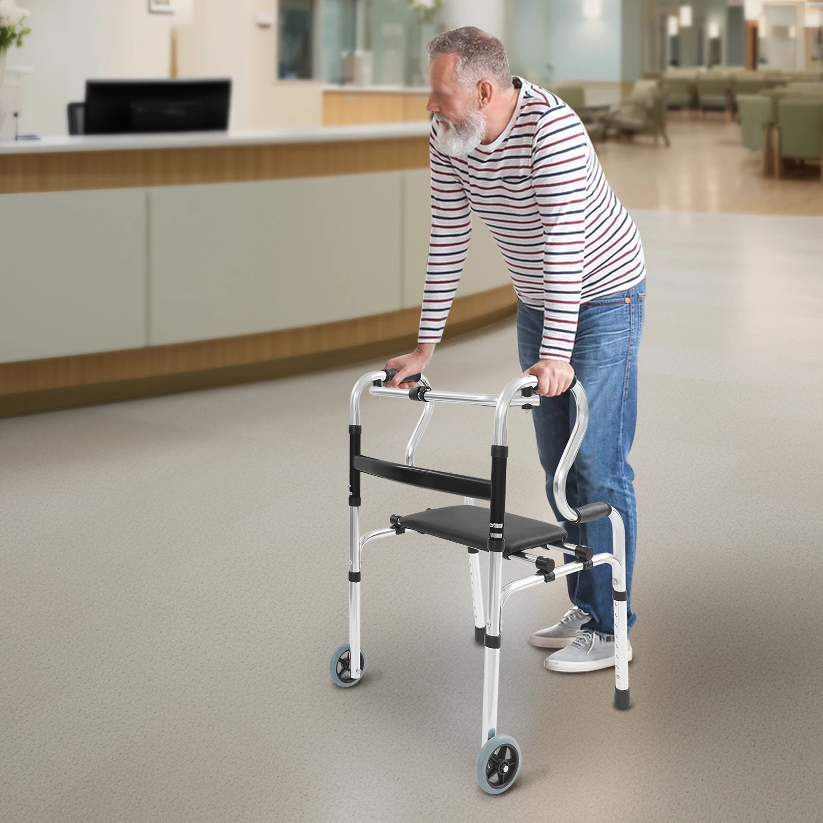 

Foldable Walker w/Wheels & Seat Adjustable Walker for Seniors Lightweight Stand Up Walker Stand Assist Walker 100KG Capacity