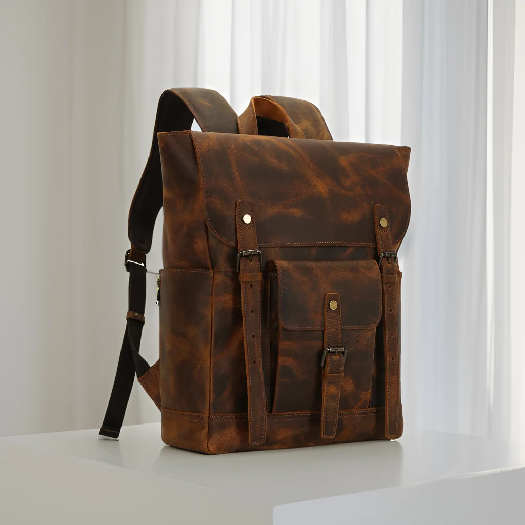 

Designer Vintage Crazy Horse Genuine Leather College Anti Theft Laptops Hiking Computer Water Resistant High Quality Backpack