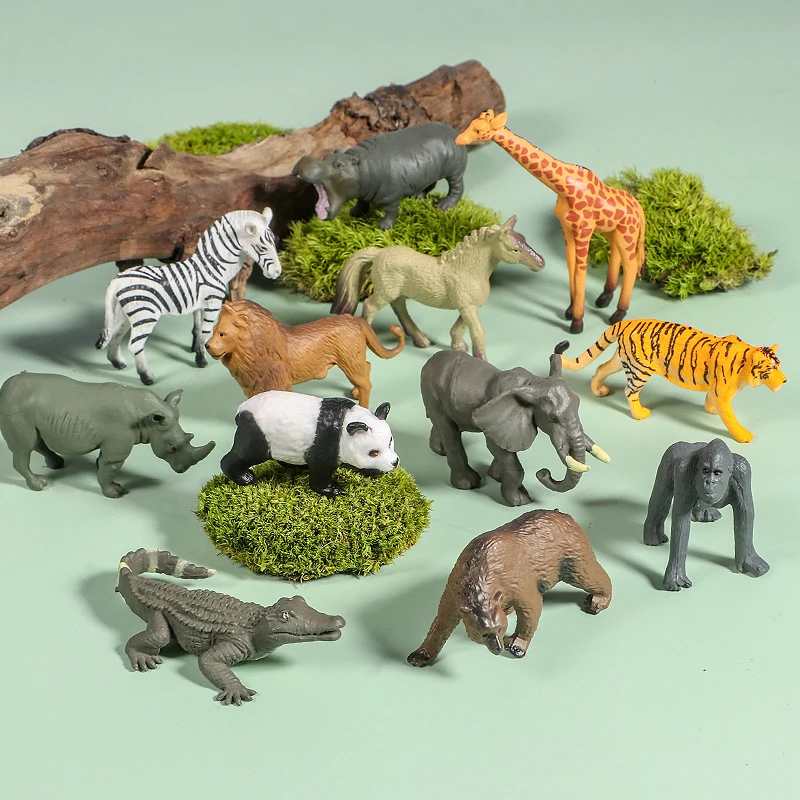 12pcs Mini Small Wild Jungle Zoo Animal Model Elephant Giraffe Tiger Panda Lion Figures Collection Educational Toy For Kid Gift