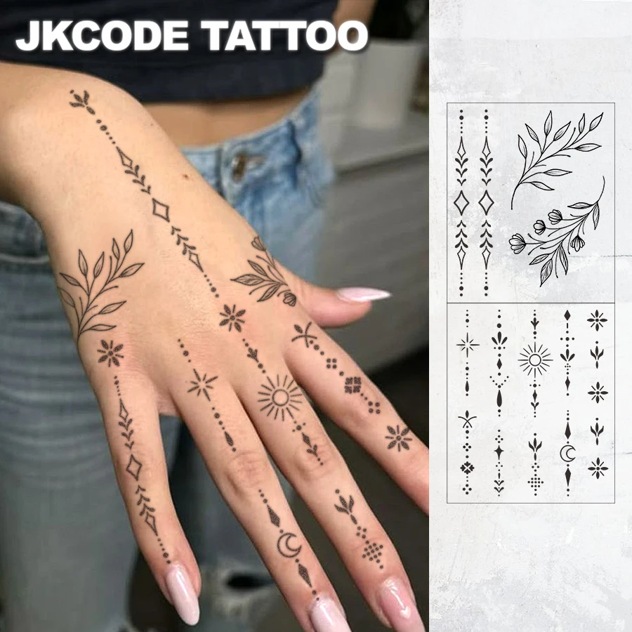 Finger Tattoo- Minimalist Design Ramadan Tattoos- New Moon, Leaves, Stars, Flowers, Plant Tattoos- Tattoo Set, Long-Lasting and Waterproof- Elegant Durable Tattoo Stickers Body Art for 3-5 Days