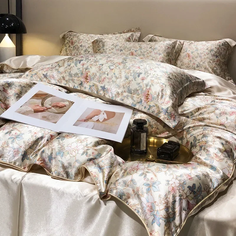 Floral Mulberry Silk Bedding Set with Duvet Cover Bed Sheet Luxury High-end Quilt Cover Fitted/Flat Bedsheet Double Queen Size