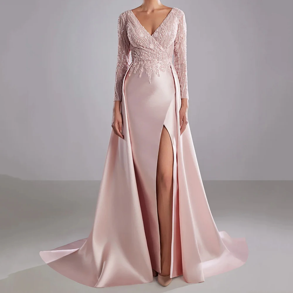 

Customized Mermaid Evening Dresses Floor-length V-neck Full Sleeve Prom Gown Fashion Sequined Simple Draped Backless Party Gown
