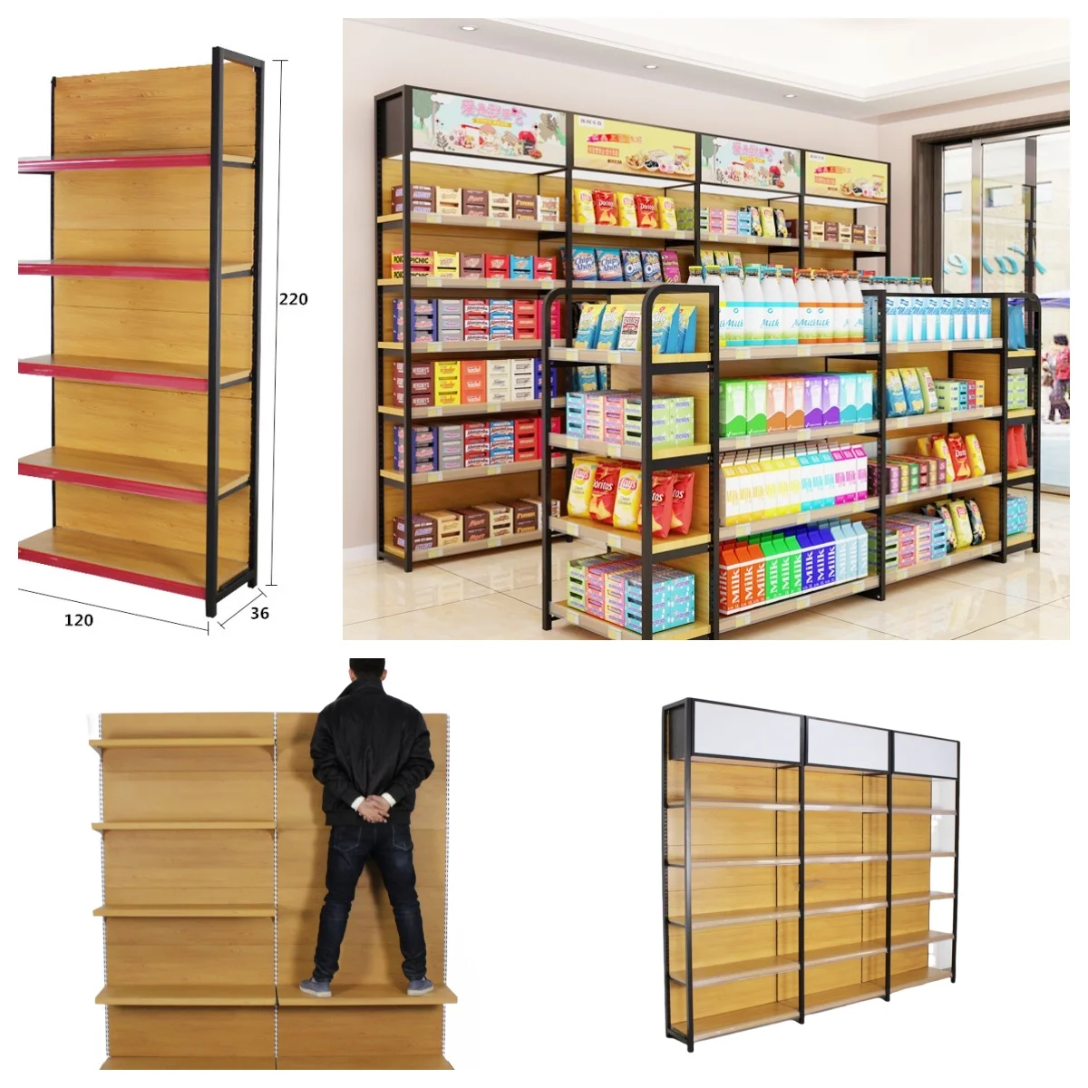 Custom.Customized Supermarket Display Rack Metal Four-post Wood Grain Shelf with Good Price for Retail Store