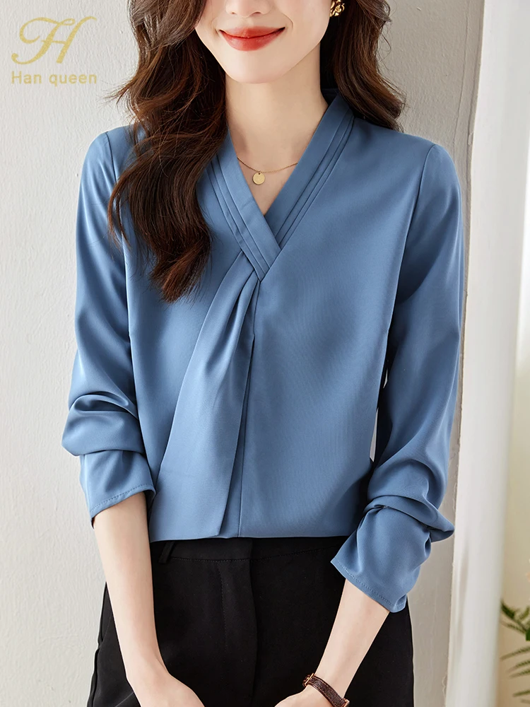 H Han Queen Autumn Blouses Loose Long Sleeve Career Interview Attire Chiffon Blouse Casual Tops Women\'s Business Vintage Shirt