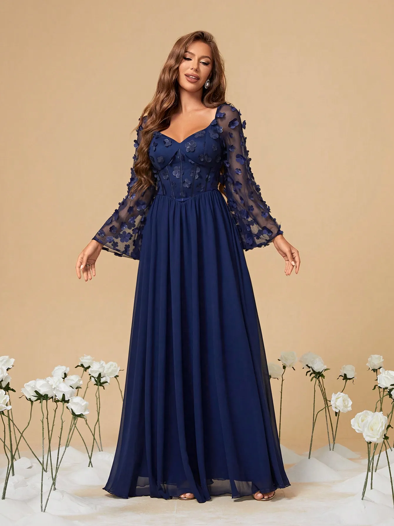 Mgiacy Princess collar long sleeve three-dimensional floral patchwork chiffon A full-length evening gown ball dress Party dress