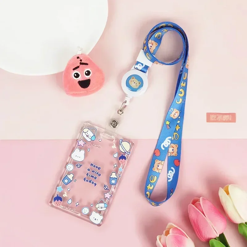 Ins Schattige Transparante Lanyard Kaart Cover Student Bus Kaarten Mouw Cartoon Werkkaart Covers Creditcard Houder Met Springtouw