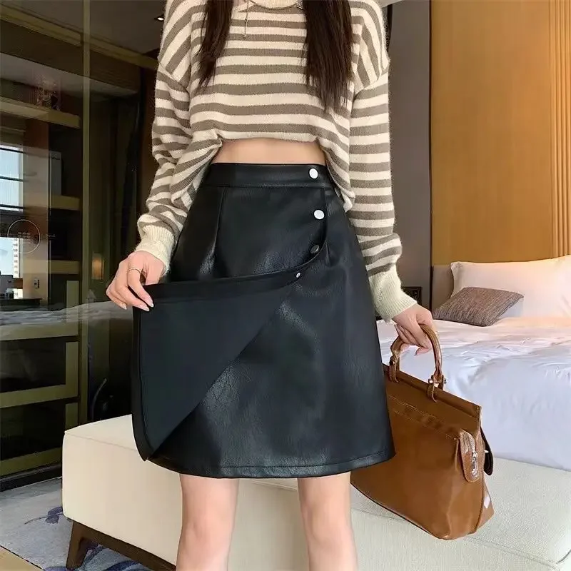 

PU Leather Mini Skirts Women A-line Simple Vintage Mature Elegant Office Lady High Waist All-match New Autumn Korean Streetwear