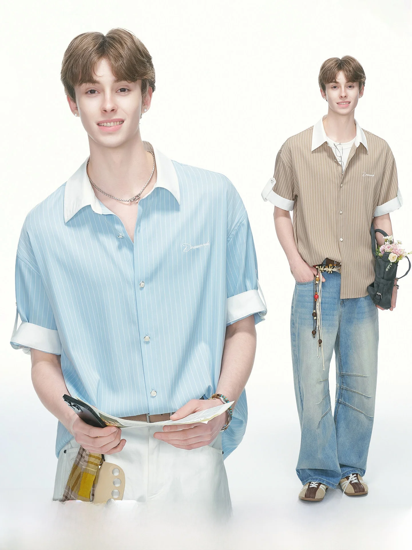 Blue Striped Short Sleeve Shirt Men's Summer Thin Anti-Wrinkle Fake Two-Piece Boys' Shirt Dream Made Breathable Comfortable P...