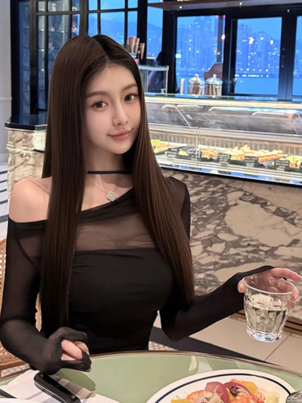 Sexy Sweet Cool Girl Long Sleeve Mesh Two Piece Set Shoulder Bared Slimming with Chest Pad Nylon Fabric Breathable Comfortable