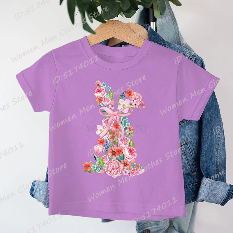 

Cute Cartoon Easter Day Bunny Flower Bow T-shirts Summer Casual Short Sleeve Round Neck Tops Girls Boys Children Tee Shirts Tops