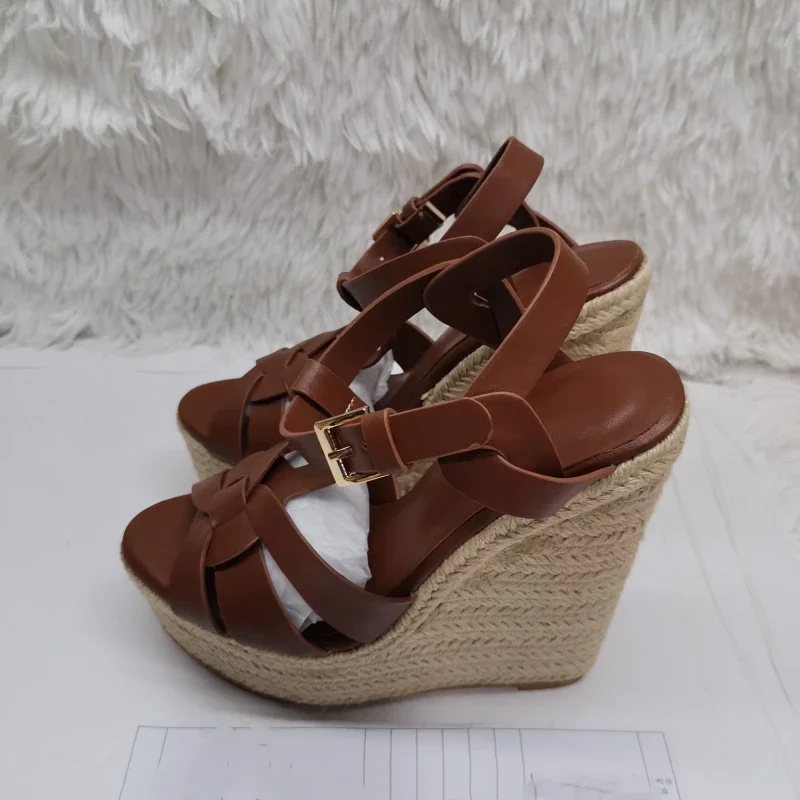 

Brown Leather Platform Sandals Women Cross Strap Wedges Round Toe Buckle Fashion Elegant Multicolor Summer Shoes Custom Color