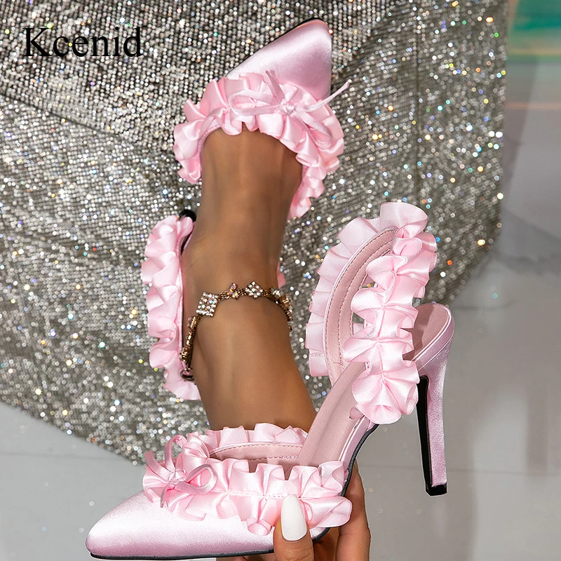 

Kcenid Sexy Slik Pink Lace On Women Pointed Toe Slingbacks Pumps Women Fashion Butterfly-knot Summer Sandals Wedding Shoes