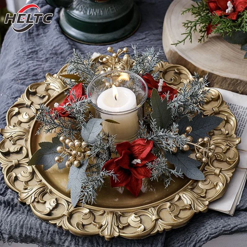 1pcs Christmas Candlestick Wreath Artificial Flowers Garland Candle Ring Xmas Table Decoration Candle Holder Wreath Home Decor