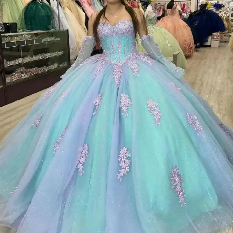 Blue Detachable Sleeves Quinceanrea Dresses 2025 Lace Applique Prom Dress Sweet 15 16 Birthday Princess Miss Pageant Gowns Gala