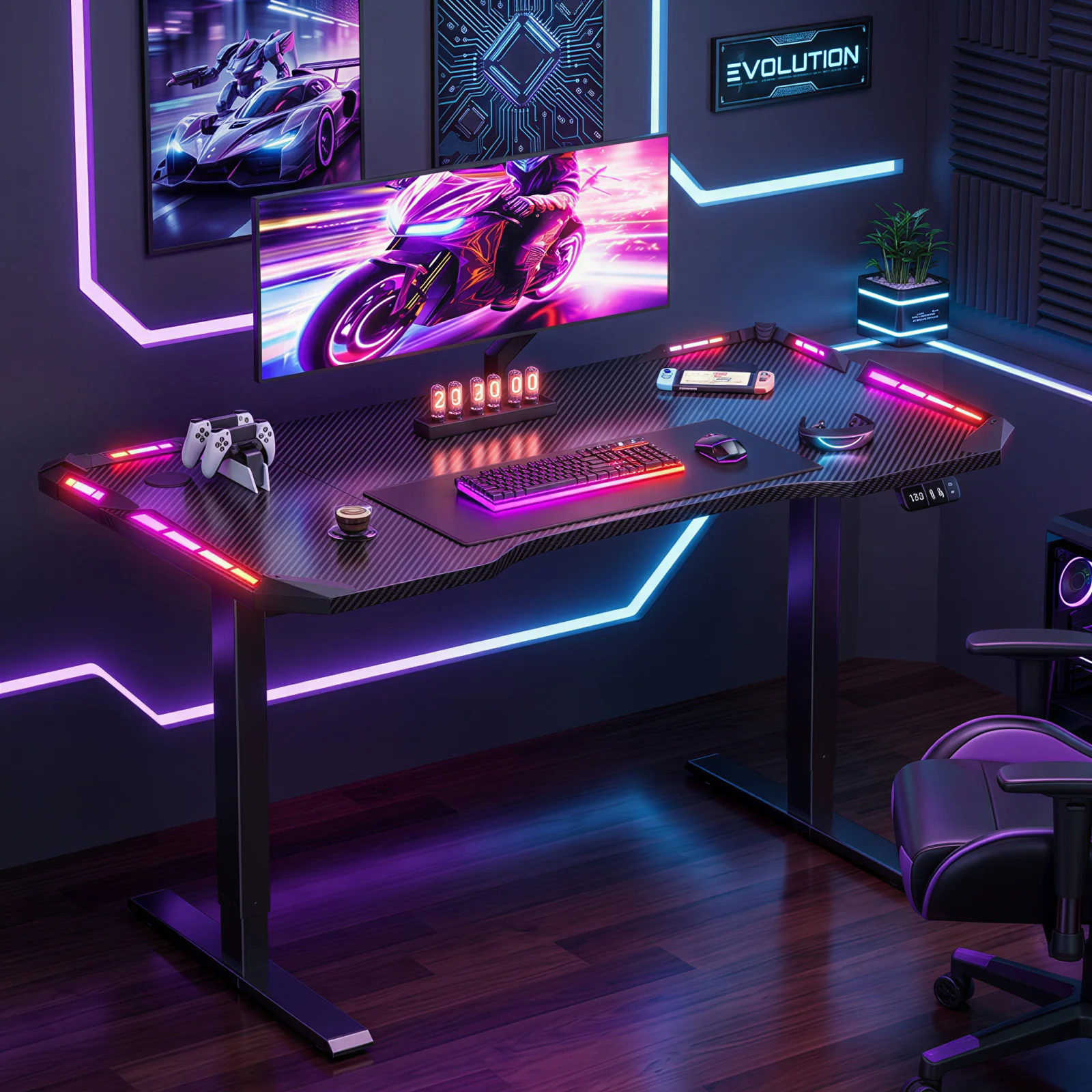 FRODROVIA 47/55/63 inch Electric Height Adjustable Table, Ergonomic Gaming Desk with LED Lights, Carbon Fiber Desktop for Home Office