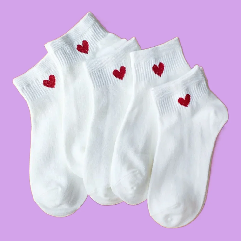 5/10 Pairs Cute Love Heart College Girls Socks Women Spring Low Tube Cotton Boat Socks High Quality Black White Ankle Socks