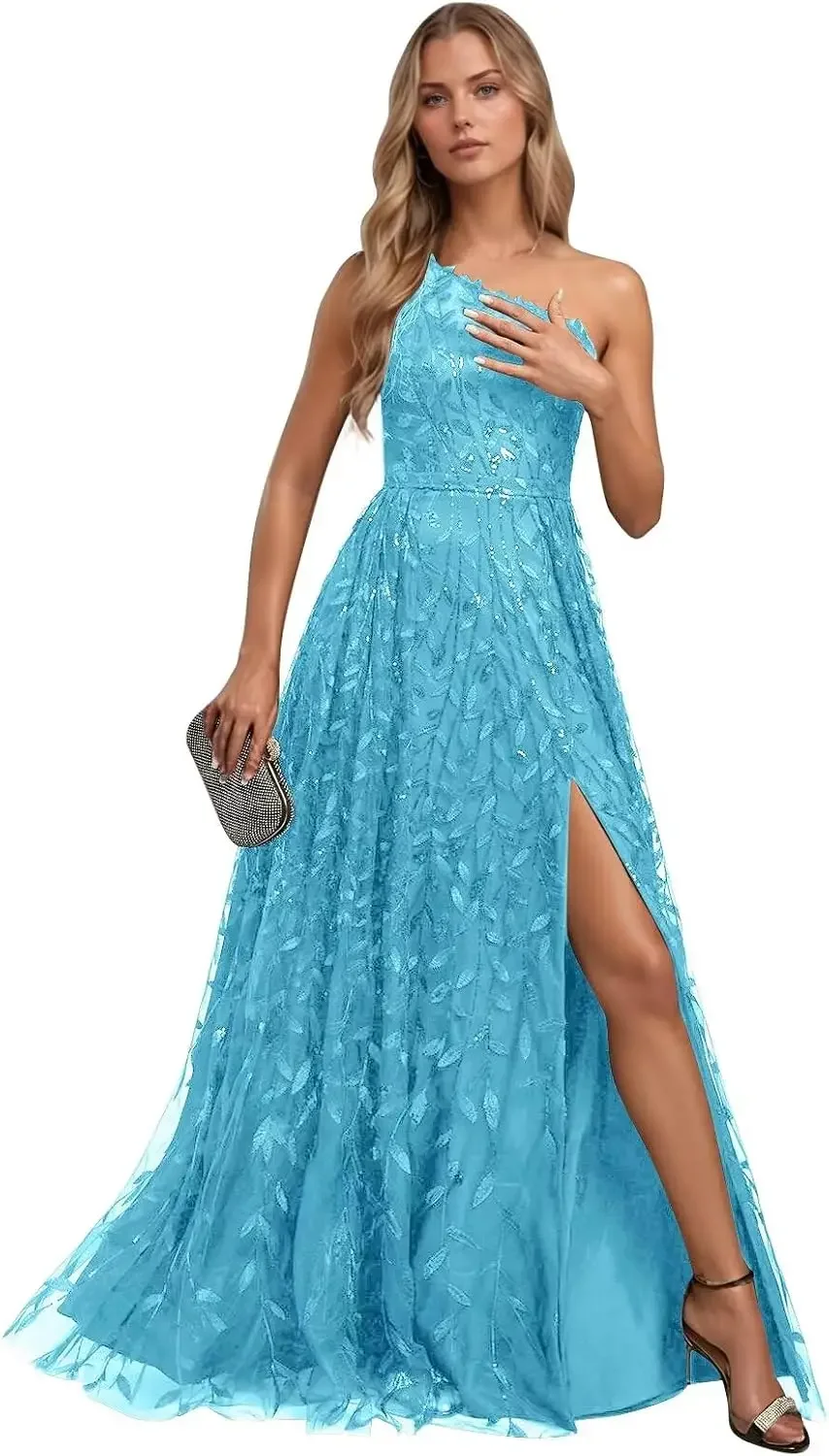 Lace Embroidered Sequins Prom Dresses for Women One Shoulder Formal Party Dress Sleeveless Maxi Evening Gown with Slit