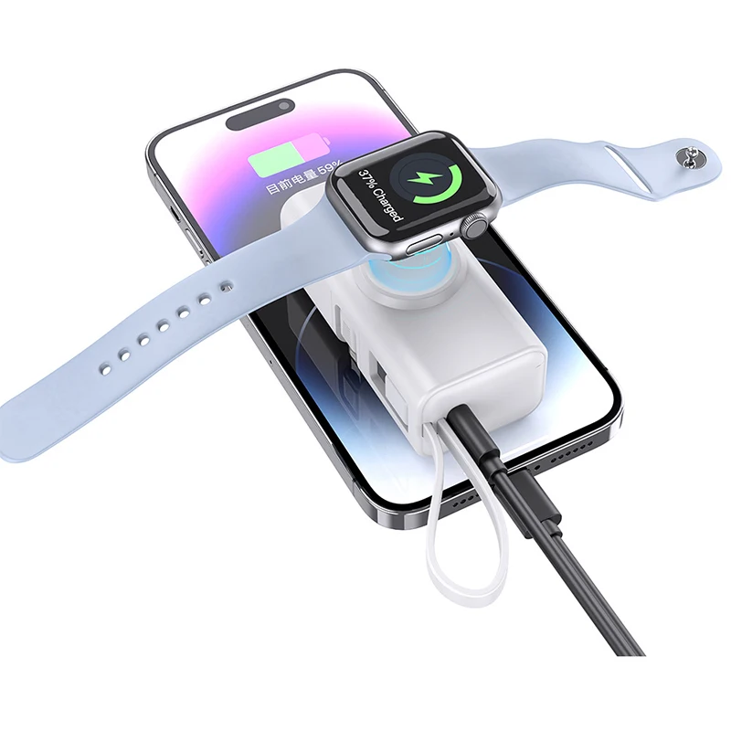 Mini Power Bank 5000mAh with 22.5W USB C Cable for iPhone 16 Huawei Xiaomi Samsung Powerbank Wireless Charger for iWatch 9 8 7 6
