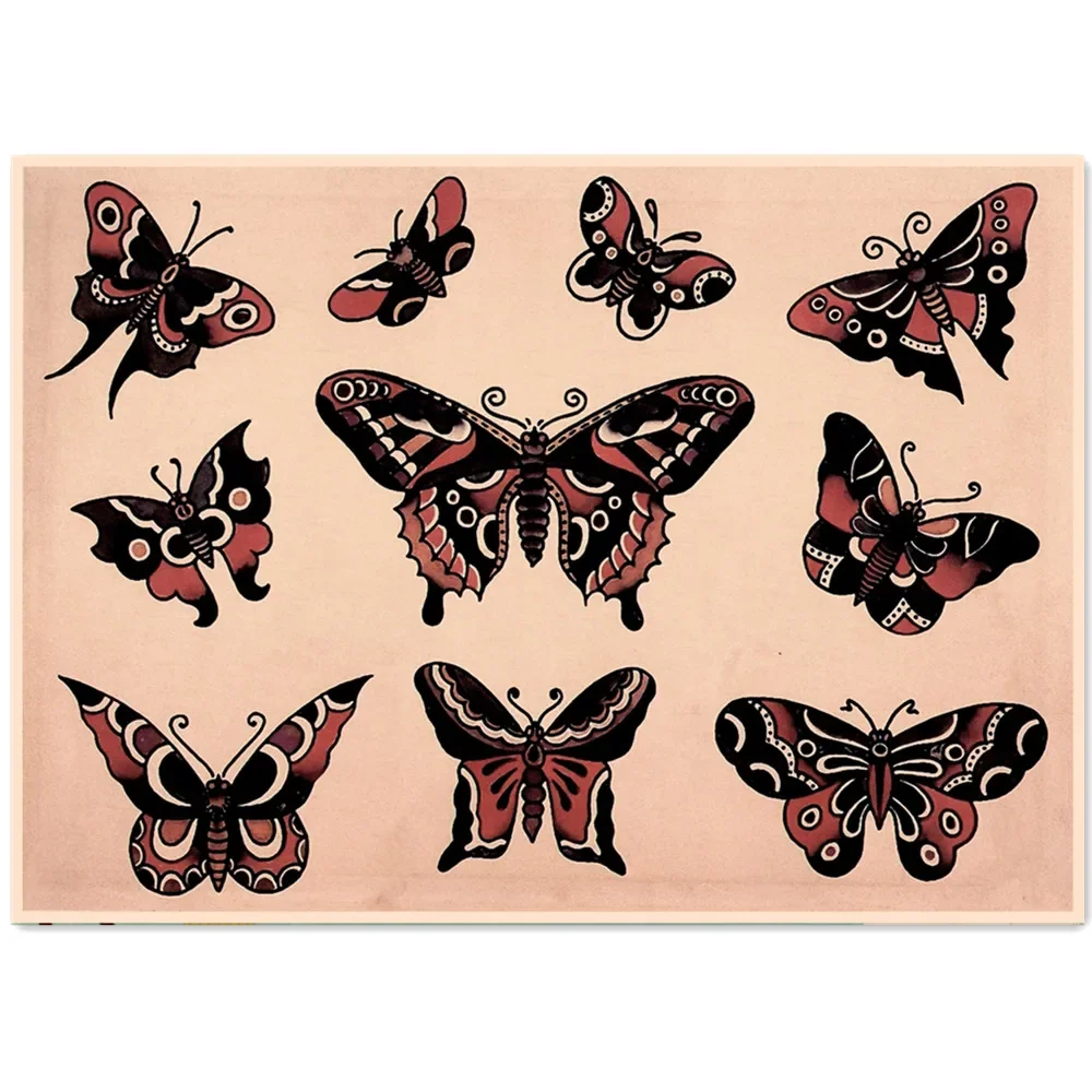 Butterfly Tattoo Art Poster and Prints Wall Hanging Pictures Vintage Kraft Paper Inkjet Print Painting Bedroom Living Room Decor