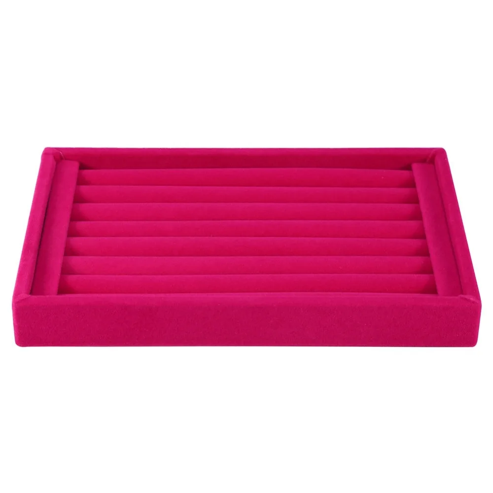 صينية عرض حلقية من مادة مخملية عملية، لون أحمر، 7 فتحات، تصميم حامل حلقي، منظم حلقي، سهل الوصول