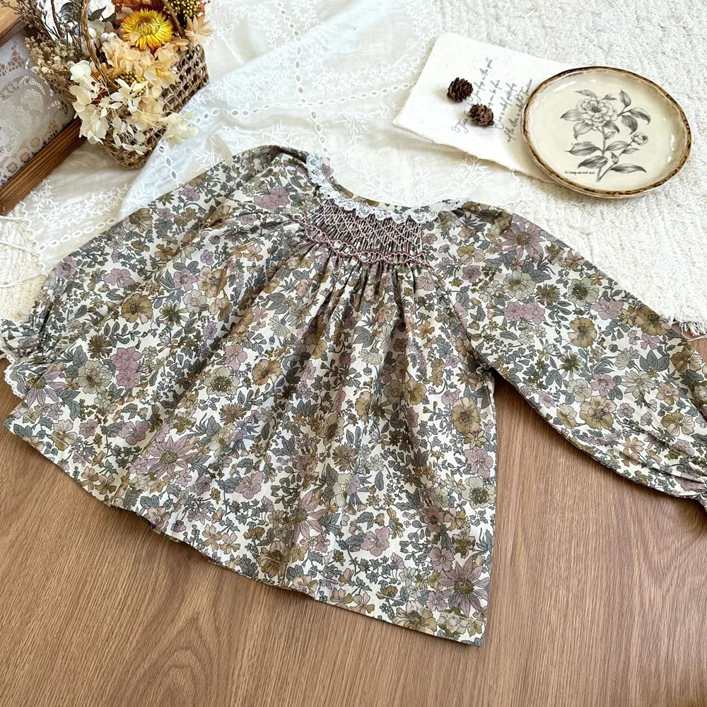 fall baby tops girl clothes cotton Vintage French countryside style long sleeved T-shirt floral patterns Sweet girls' shirt