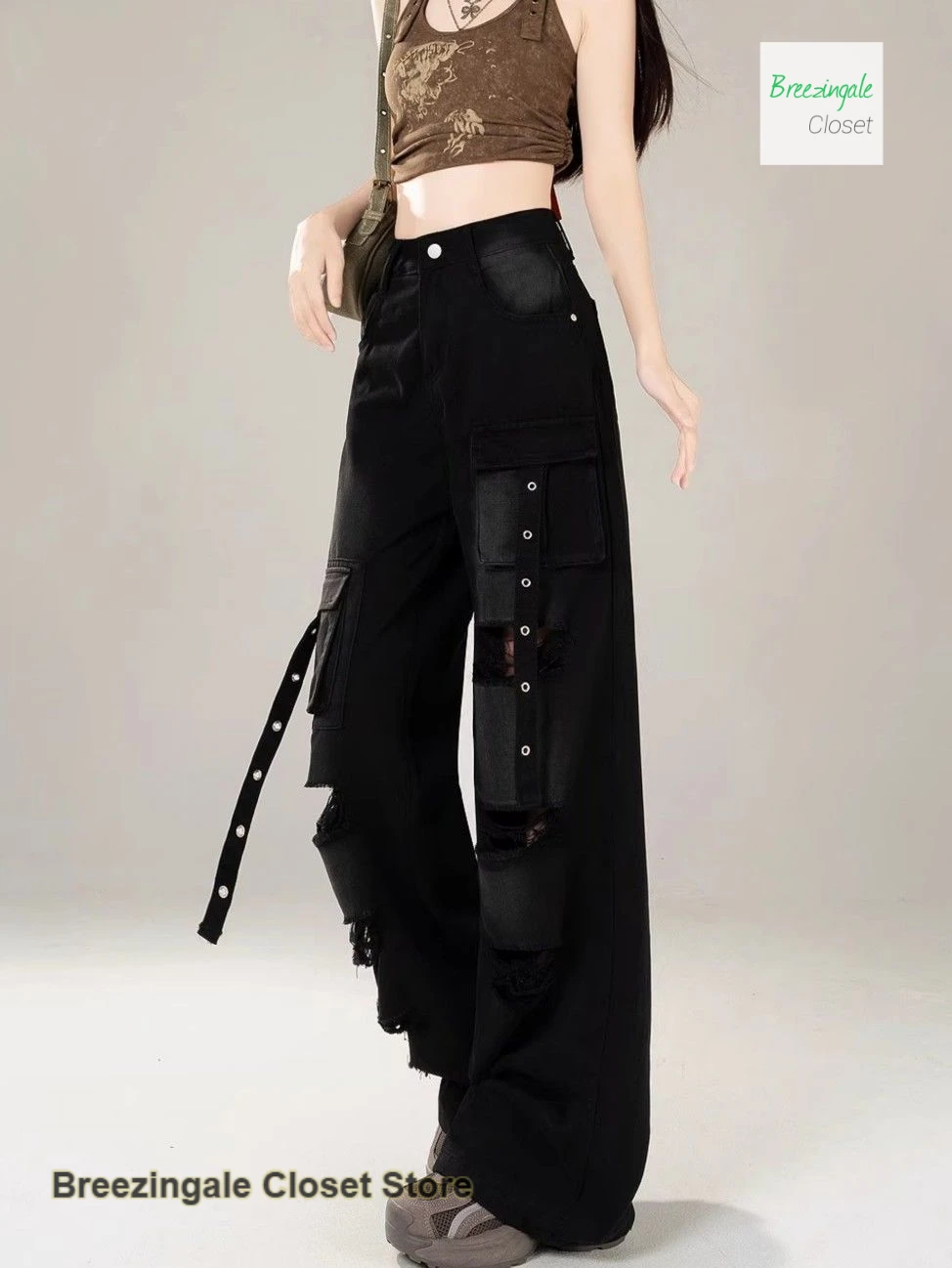 American black temperament high street hole tooling straight jeans female new fashion design Joker high waist wide-leg pants.