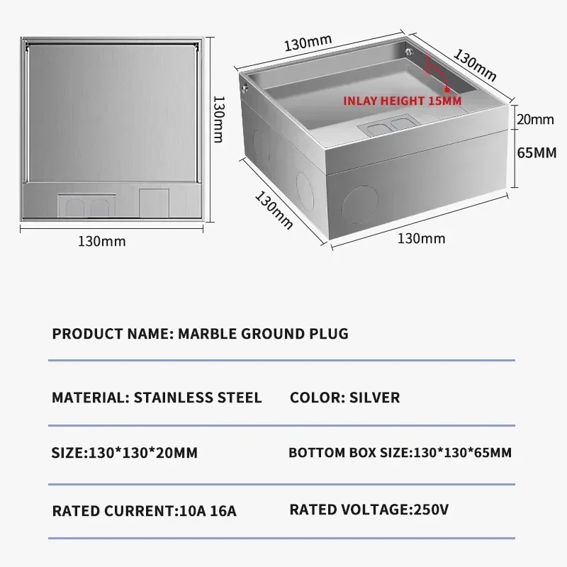 Imagem -06 - Soquete Embutido de Painel de Metal Soquete Escondido Usb Chão Enchido eu fr il it Korea 130x130 mm Aço Inoxidável