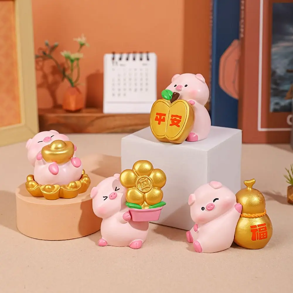 Cute Lucky Pig Figurine Fortune Resin Crafts Blessing Pig Statue Cartoon Chinese Style New Year Pig Figurine Car Accessories