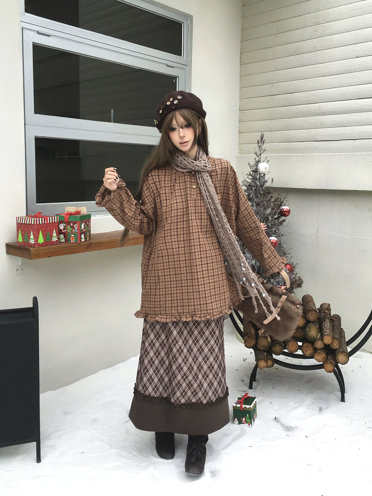 

Retro Plaid Loose Women's irt Bubble Pine Oil Spring Design Sensation Subculture Japanese Sle Top Cotton Blend Long ...
