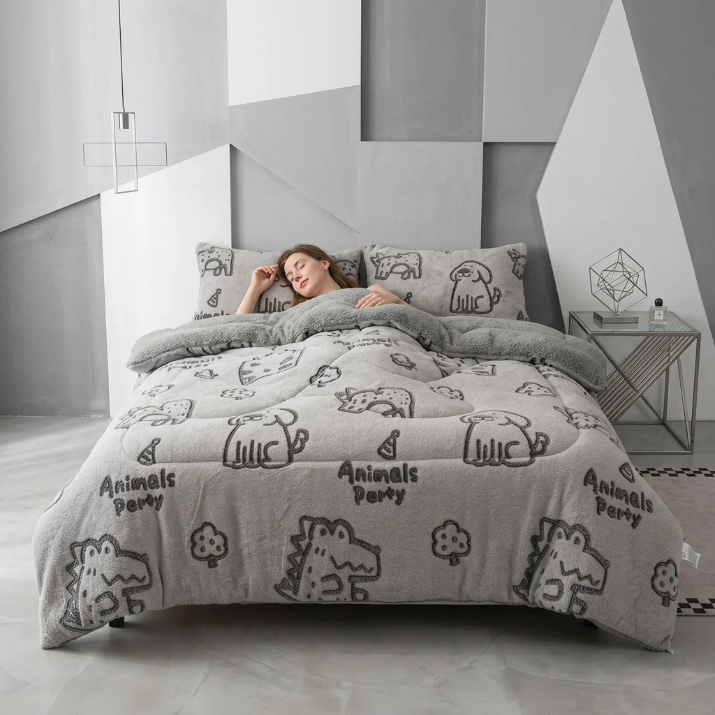 Floral Quilted Comforter with Snowflake Print  Thickened Lamb Fleece Blanket for Hotel and Home Use.