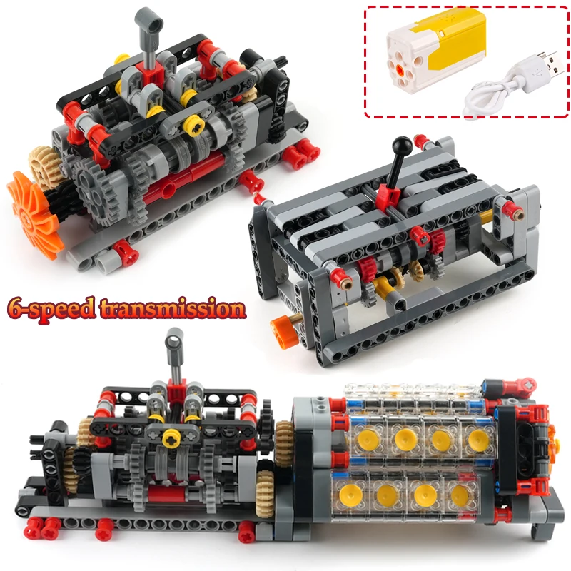 

MOC 6-speed Gearbox Differential Gears Technology Building Blocks Parts Transmission Assembly Compatible Motor DIY Bricks Toys