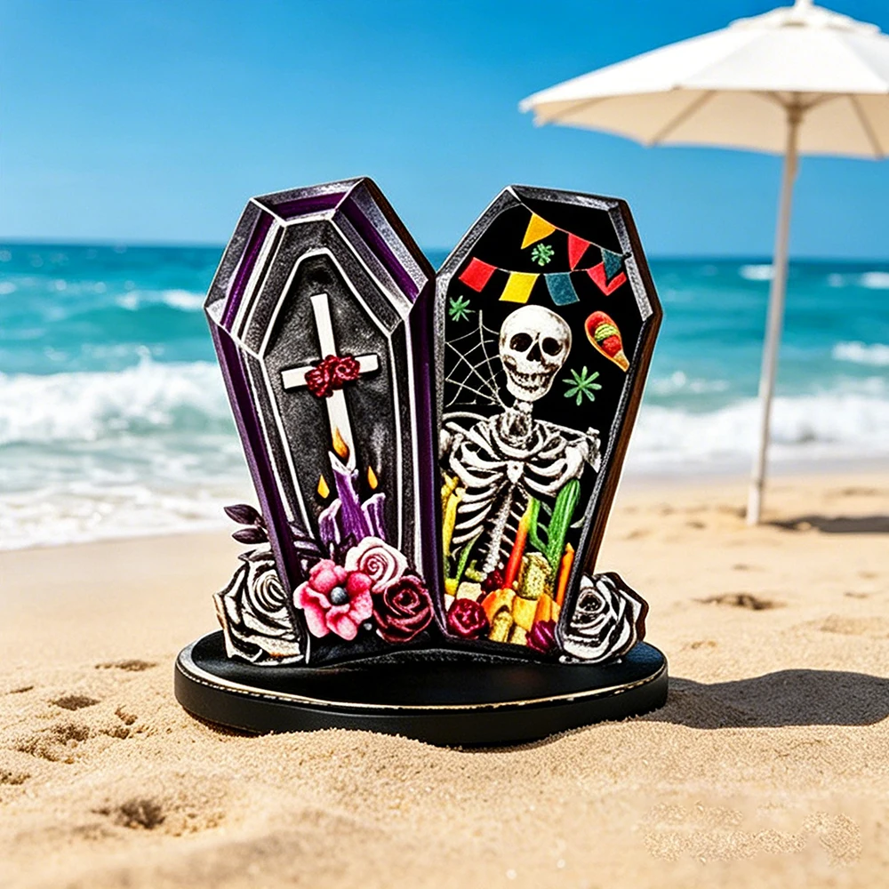 Day of the Dead Coffin Skeleton Wooden Stand Sign Day of the Dead Mexican Altar Gothic Tabletop Decor Gift