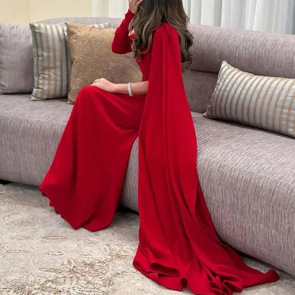 Customized Classic Watteau Train Pleats Evening Dresses Temperament Red A-Line One Shoulder Long Sleeves Party Gowns فساتين سهرة