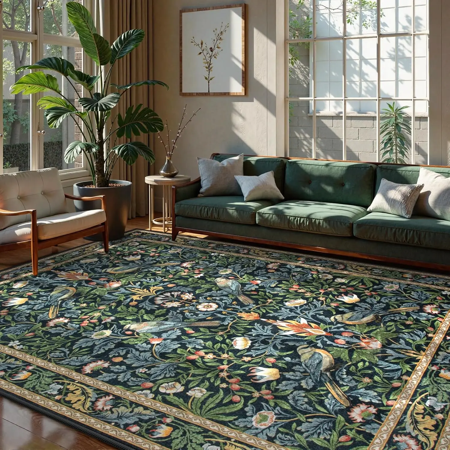 8x10 Extra Large Dark Green Navy Botanical Bird Area Rug Washable Non Slip Stain Resistant Carpet for Dorm Classroom Home Decor
