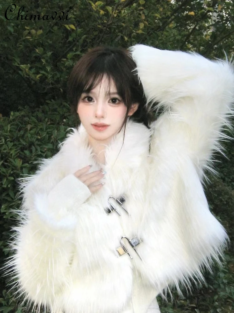 

Retro Fashion Long Sleeve Lapel Women's Faux Fur Coat 2023 Autumn and Winter Sweet Cute Elegant White Slim Fit Faux Fur Jacket