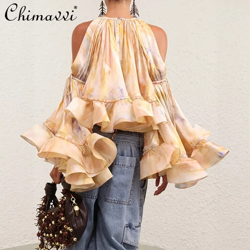 

2025 New French Summer Catwalk Model Neck Off-the-shoulder Ruffle Edge Horn Long-sleeved Top Niche Shirt For Women