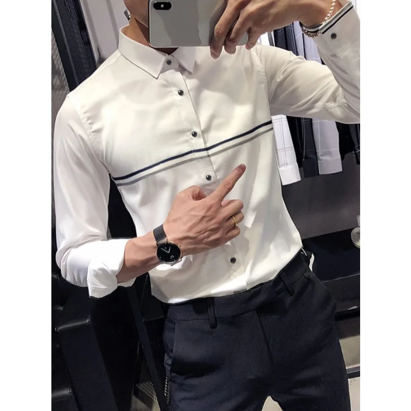 

2 Colors!2023 Autumn New Men's Shirts Business Casual High Quality Shirt Single Breasted Polo Collar Men Clothing